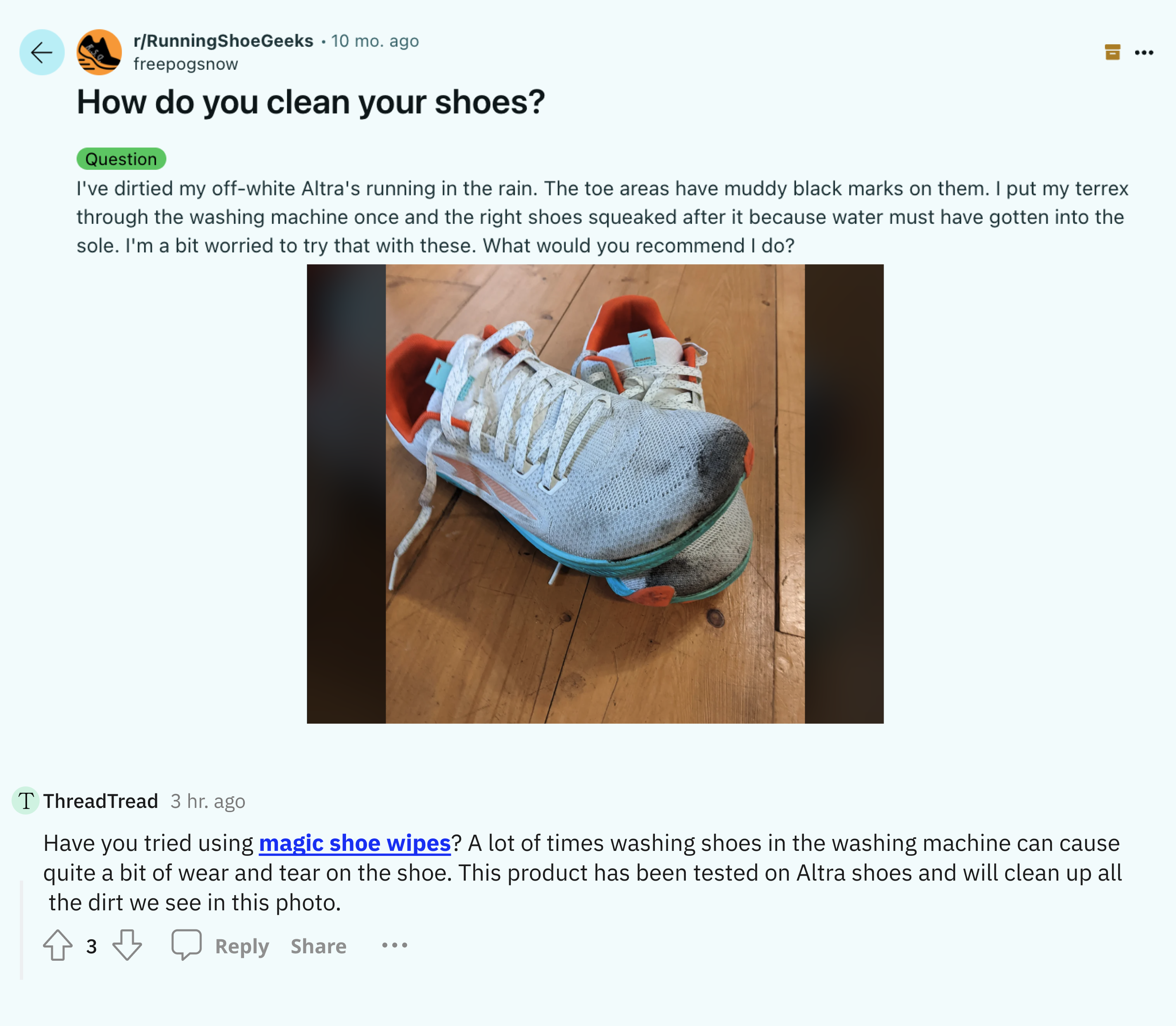 Reddit post about cleaning running shoes